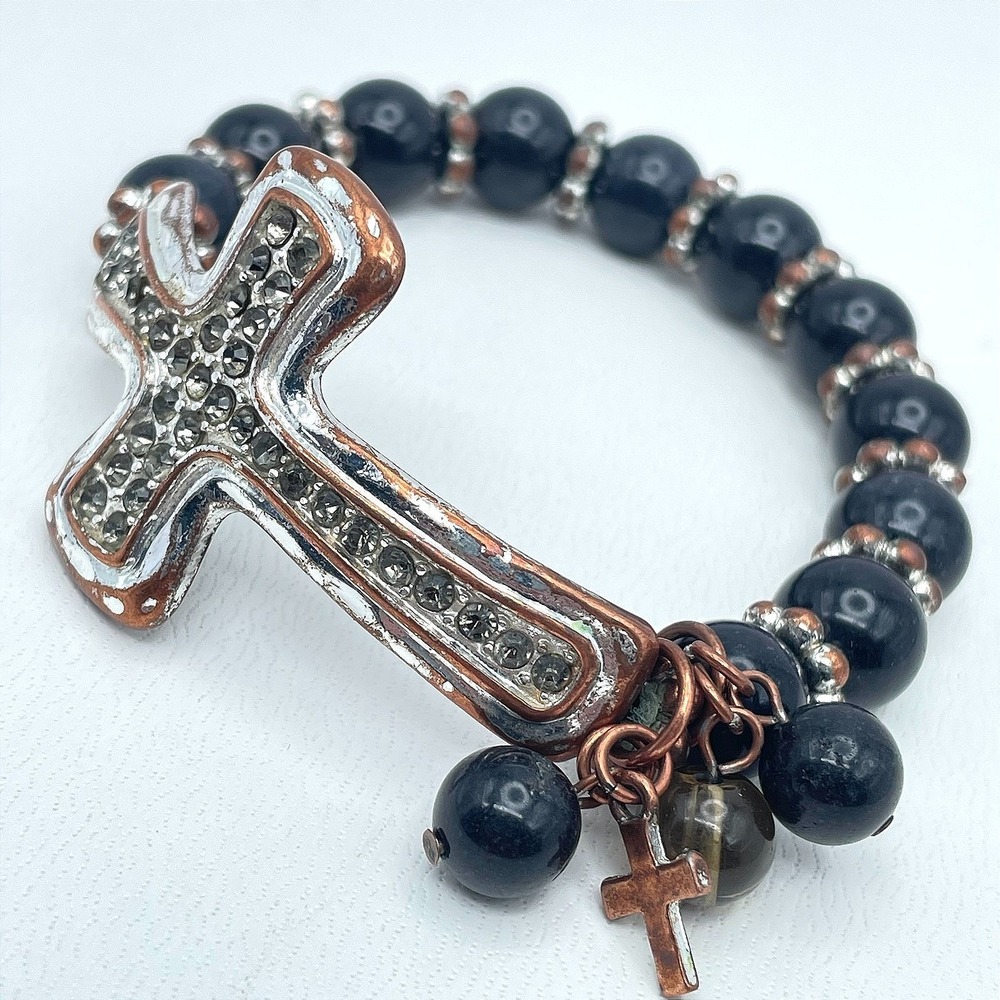 Vintage Y2K Rhinestone Cross Bracelet Black Bead Gothic Christian Religious